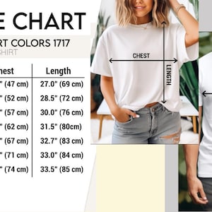 Puede incluir: Una tabla de tallas para una camiseta unisex Comfort Colors 1717, que muestra las medidas de pecho y largo en cent&iacute;metros desde la talla S a la 4XL. La tabla incluye gu&iacute;as visuales en dos camisetas blancas indicando d&oacute;nde se mide.