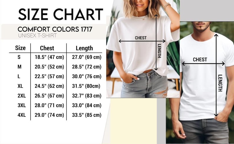 Puede incluir: Una tabla de tallas para una camiseta unisex Comfort Colors 1717, que muestra las medidas de pecho y largo en cent&iacute;metros desde la talla S a la 4XL. La tabla incluye gu&iacute;as visuales en dos camisetas blancas indicando d&oacute;nde se mide.