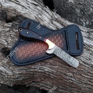 Cowboy-Skink-Messer aus Damast-Stahl: Handgefertigter Holzgriff, Lederscheide