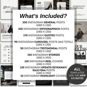 Puede incluir: Un conjunto de plantillas de marketing digital con un dise&ntilde;o minimalista. La imagen muestra varias plantillas de publicaciones de Instagram, incluyendo publicaciones generales, infograf&iacute;as, citas, publicaciones en carrusel, historias y portadas destacadas. El texto dice "What's Included?"