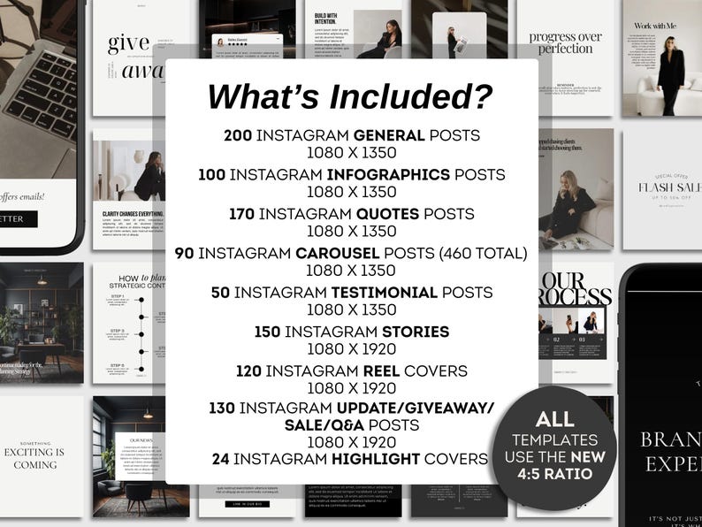 Puede incluir: Un conjunto de plantillas de marketing digital con un dise&ntilde;o minimalista. La imagen muestra varias plantillas de publicaciones de Instagram, incluyendo publicaciones generales, infograf&iacute;as, citas, publicaciones en carrusel, historias y portadas destacadas. El texto dice "What's Included?"