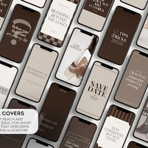 May include: A collection of smartphones displaying various social media reel covers with text like "Branding Beyond the Logo" and "Save the Date." The color palette is neutral, featuring shades of brown and beige. The image promotes content creation.