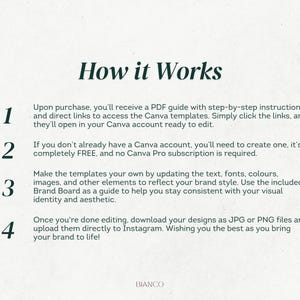 May include: A cream-colored graphic with the title "How it Works" in dark green. The text explains the steps to use Canva templates, including accessing the PDF guide, creating a free Canva account, customizing templates, and downloading designs.