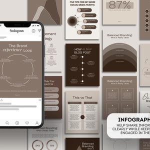 May include: A smartphone displays an Instagram post with a brand experience loop graphic. Surrounding the phone are various infographics in shades of brown and beige, including "Five Tips for More Social Media Traffic" and "How to Plan a Blog Post."