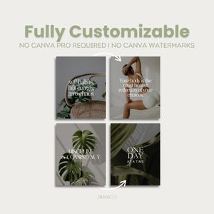 May include: A digital product image with four square graphics. Each graphic features a different inspirational quote in white text against a neutral background. The top text reads "Fully Customizable".