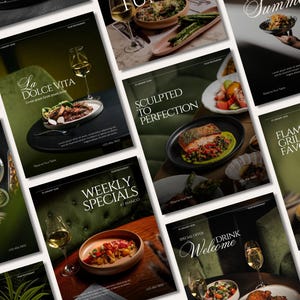 Peut inclure: Plusieurs publicités de menus de restaurant. Chacune présente un fond sombre avec du texte élégant et des images de plats et de boissons. Le texte comprend des phrases telles que "La Dolce Vita", "Weekly Specials" et "Flame-Grilled Favourites".