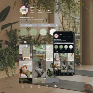 May include: A smartphone displays an Instagram profile for "Blanco Athletico Club." The profile features a logo, follower count, and a grid of posts with images of fitness activities. The background includes plants and yoga mats.