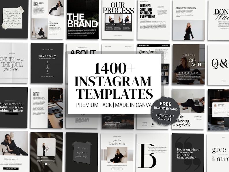 Puede incluir: Un conjunto de plantillas de Instagram con un dise&ntilde;o minimalista. Las plantillas presentan una variedad de dise&ntilde;os con texto e im&aacute;genes, incluyendo citas, gr&aacute;ficos promocionales y publicaciones informativas. El texto "1400+ INSTAGRAM TEMPLATES" se muestra de forma destacada.