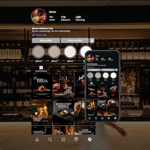 Può includere: Un profilo Instagram scuro per "Blanco Athletico Club" è visualizzato su uno smartphone e un tablet. Il profilo presenta un logo, informazioni e diversi post che mostrano cibo e bevande. Lo sfondo è un bar poco illuminato.