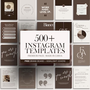 Può includere: Una collezione di modelli Instagram nei toni del marrone e beige. L'immagine centrale mostra "500+ Instagram Templates Premium Pack Made in Canva". I design presentano testo, grafica e citazioni.