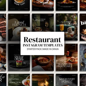 Könnte beinhalten: Eine Sammlung von Instagram-Vorlagen für Restaurants, die verschiedene Speisen- und Getränkebilder zeigen. Die Vorlagen enthalten Textüberlagerungen wie "Beef Ribeye Steak", "A Good Brunch" und "Signature Cocktails". Der zentrale Text lautet "Restaurant Instagram Templates".