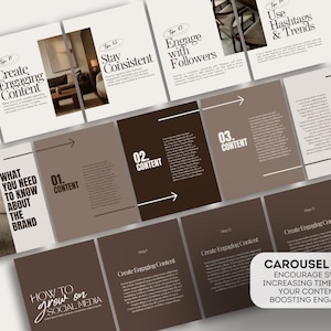 May include: A collection of social media carousel posts in shades of brown and beige. The posts feature text such as "Create Engaging Content" and "How to Grow on Social Media." The image includes the text "Carousel Posts" and information about boosting engagement.