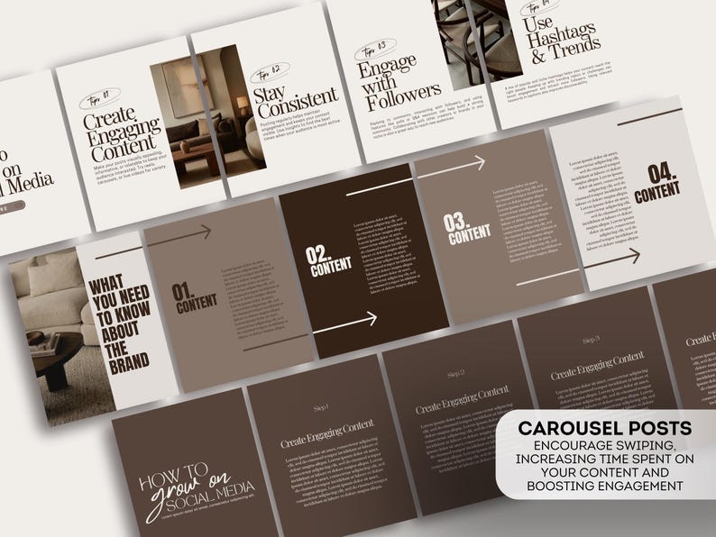 May include: A collection of social media carousel posts in shades of brown and beige. The posts feature text such as "Create Engaging Content" and "How to Grow on Social Media." The image includes the text "Carousel Posts" and information about boosting engagement.