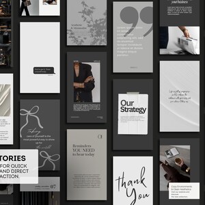 Puede incluir: Un conjunto de plantillas de historias para redes sociales en tonos grises y blancos. Las plantillas presentan texto, gr&aacute;ficos e im&aacute;genes, con frases como "Our Strategy" y "Thank You". Tambi&eacute;n son visibles las palabras "150 Stories".