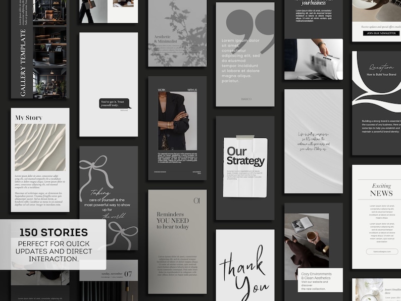 Puede incluir: Un conjunto de plantillas de historias para redes sociales en tonos grises y blancos. Las plantillas presentan texto, gr&aacute;ficos e im&aacute;genes, con frases como "Our Strategy" y "Thank You". Tambi&eacute;n son visibles las palabras "150 Stories".