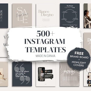 May include: A collection of over 500 Instagram templates in various designs, including templates with the words "SALE", "GIVEAWAY", and "Bianco Disegno". The templates are made in Canva and include free brand board and highlight covers.