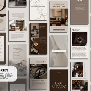 May include: A collection of social media story templates in shades of brown and beige. The templates feature text and images related to branding, newsletters, and interior design. The word "STORIES" is visible, along with other text.