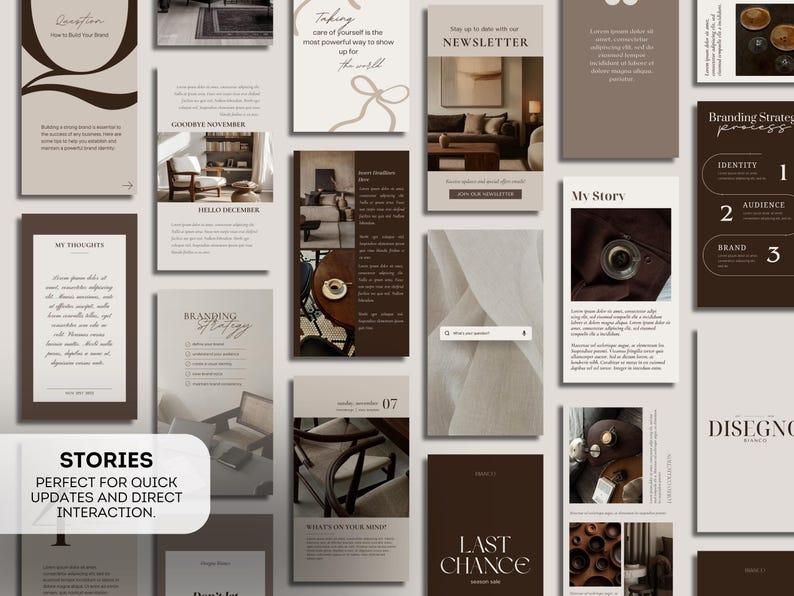 May include: A collection of social media story templates in shades of brown and beige. The templates feature text and images related to branding, newsletters, and interior design. The word "STORIES" is visible, along with other text.