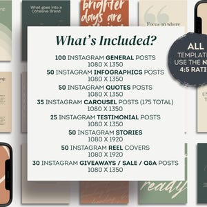 May include: An image showcasing a digital product with templates for Instagram. The text "What's Included?" is prominent, listing various post types like general posts, infographics, quotes, carousel posts, testimonial posts, stories, reel covers, and giveaway posts.