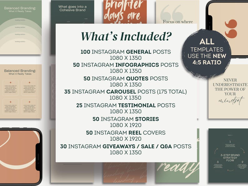 May include: An image showcasing a digital product with templates for Instagram. The text "What's Included?" is prominent, listing various post types like general posts, infographics, quotes, carousel posts, testimonial posts, stories, reel covers, and giveaway posts.