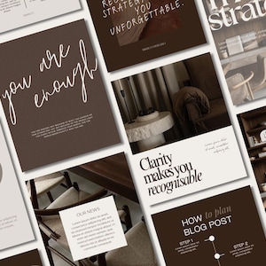 May include: A collection of design mockups with text overlays. One mockup features the phrase "you are enough" in white script on a brown background. Other mockups include phrases like "Clarity makes you recognisable" and "How to plan blog post".