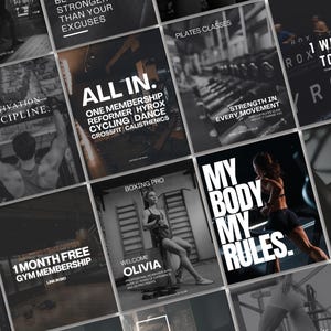 Puede incluir: Un collage de gráficos promocionales con temática de fitness en escala de grises y naranja. El texto incluye "Motivation Discipline", "All In", "Pilates Classes" y "My Body My Rules". Las imágenes muestran equipos de gimnasio y personas haciendo ejercicio.