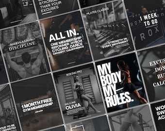 Plantillas para publicaciones de Instagram sobre fitness / Kit de marca Canva con estética oscura (descarga digital)