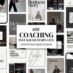 May include: A collection of 100 coaching Instagram templates in a minimalist style. The design features a variety of layouts with text overlays, including quotes and business-related content. The color palette is primarily black, white, and gray.