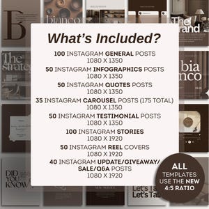 May include: A digital product display with a brown and white color scheme. The image lists the contents of an Instagram template pack, including posts, infographics, quotes, carousel posts, stories, and reel covers. The text "What's Included?" is displayed prominently.