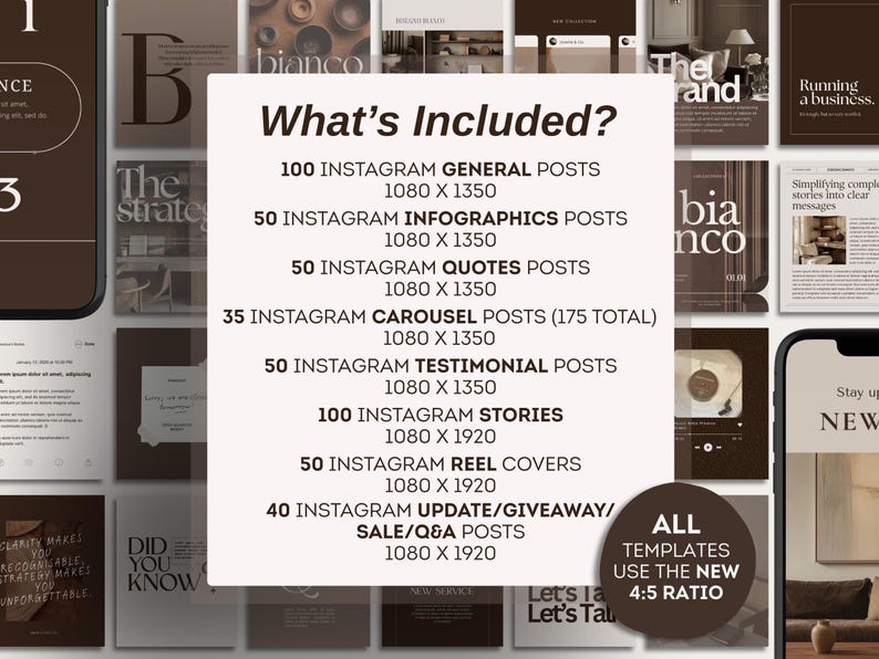 May include: A digital product display with a brown and white color scheme. The image lists the contents of an Instagram template pack, including posts, infographics, quotes, carousel posts, stories, and reel covers. The text "What's Included?" is displayed prominently.