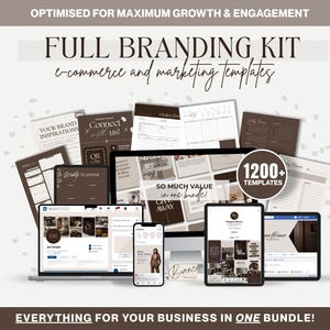 Könnte beinhalten: Ein komplettes Branding-Kit mit E-Commerce- und Marketingvorlagen. Das Bild zeigt einen Laptop, ein Tablet, ein Smartphone und andere Marketingmaterialien. Der Text enthält "1200+ TEMPLATES" und "EVERYTHING FOR YOUR BUSINESS IN ONE BUNDLE!"