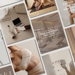 Könnte beinhalten: Eine Collage von Bildern mit dem Thema Wellness. Ein Bild zeigt einen Laptop, eine Wasserflasche und eine Faszienrolle. Weitere Bilder zeigen Menschen beim Yoga, Fitnessgeräte und Text mit der Aufschrift "Regulation is the new glow", "Stay Consistent" und "Your body is the most honest reflection of your choices."