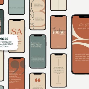 May include: A collection of smartphones displaying various social media story templates. The templates feature text, graphics, and floral imagery in a neutral color palette. One template reads "STORIES" and "PERFECT FOR QUICK UPDATES AND DIRECT INTERACTION."