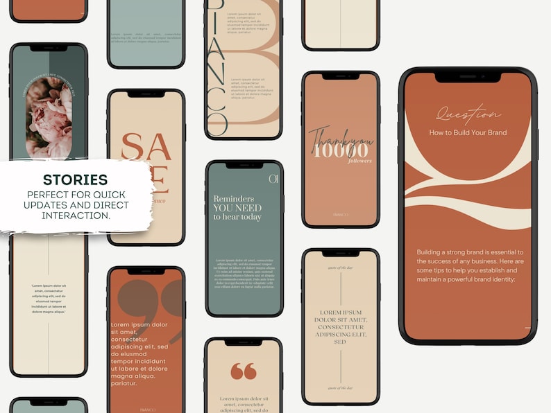 May include: A collection of smartphones displaying various social media story templates. The templates feature text, graphics, and floral imagery in a neutral color palette. One template reads "STORIES" and "PERFECT FOR QUICK UPDATES AND DIRECT INTERACTION."