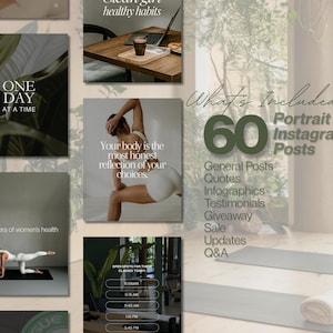 May include: A collection of Instagram post templates with a wellness theme. The image includes text that says "One Day At A Time", "A new era of women's health", and "Your body is the most honest reflection of your choices."