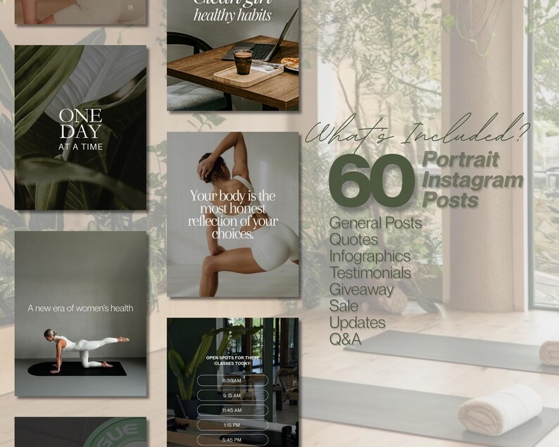 May include: A collection of Instagram post templates with a wellness theme. The image includes text that says "One Day At A Time", "A new era of women's health", and "Your body is the most honest reflection of your choices."