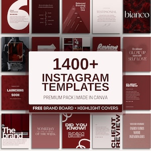 Puede incluir: Un conjunto de plantillas de Instagram en tonos burdeos y blanco. La imagen presenta varios diseños con texto como "1400+ INSTAGRAM TEMPLATES", "NEW", "LAUNCHING SOON" y "CLIENT REVIEW". Las plantillas están diseñadas para Canva.