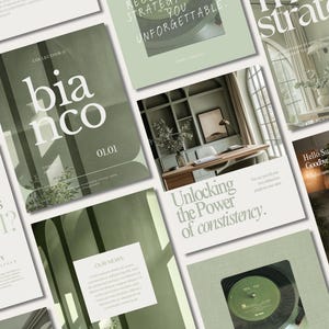 Könnte beinhalten: Eine Sammlung von Magazinseiten und Werbematerialien in Grün- und Weißtönen. Der Text enthält "bia nco", "Unlocking the Power of Consistency" und "Hello Summer, Goodbye Alarm Code!" Das Gesamtthema ist modern und minimalistisch.