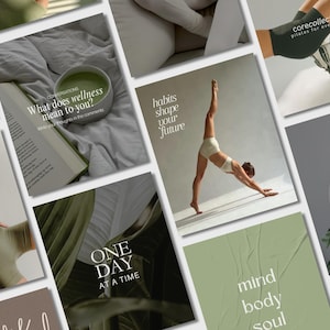 Op de afbeelding: Een collage van afbeeldingen met een wellness-thema. Eén afbeelding toont een kom matcha-thee naast een open boek met de tekst "Wat betekent wellness voor jou?". Andere afbeeldingen bevatten tekst als "gewoonten vormen je toekomst" en "One day at a time".