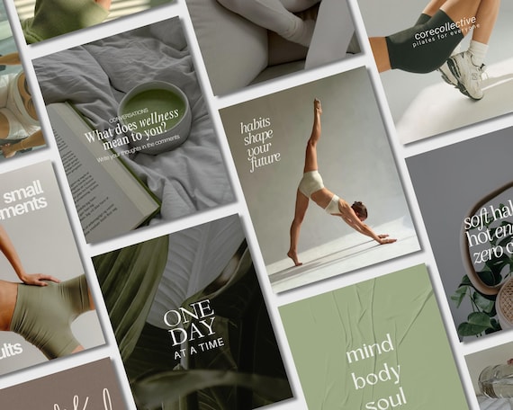 Fitness Instagram Templates | Matcha Green, Yoga & Pilates (Canva)