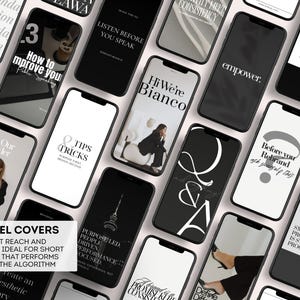 Puede incluir: Una colecci&oacute;n de tel&eacute;fonos inteligentes con pantallas negras que muestran varios textos y gr&aacute;ficos. Los tel&eacute;fonos presentan texto blanco sobre fondos negros, incluyendo frases como "empower" y "Before you Rebrand". La imagen tambi&eacute;n incluye el texto "120 Reel Covers."
