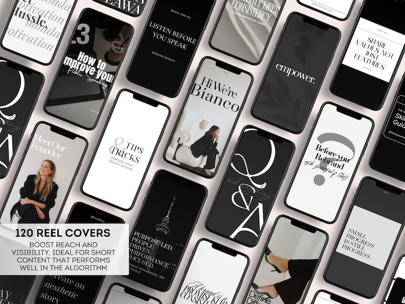 Puede incluir: Una colecci&oacute;n de tel&eacute;fonos inteligentes con pantallas negras que muestran varios textos y gr&aacute;ficos. Los tel&eacute;fonos presentan texto blanco sobre fondos negros, incluyendo frases como "empower" y "Before you Rebrand". La imagen tambi&eacute;n incluye el texto "120 Reel Covers."