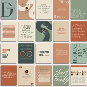 May include: A collection of square cards with motivational quotes and branding tips. The cards feature text in various fonts and colors, including green, brown, and beige. Some cards have graphic elements and icons.