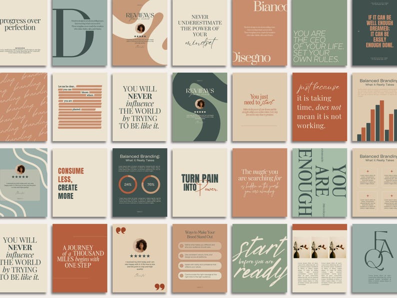 May include: A collection of square cards with motivational quotes and branding tips. The cards feature text in various fonts and colors, including green, brown, and beige. Some cards have graphic elements and icons.