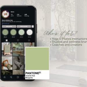 May include: A smartphone displays an Instagram profile for "Bianco Athletico Club" with a green and white color scheme. A Pantone color swatch labeled "Margarita" is also visible. Text reads "Who's it for?" followed by a list of target audiences.