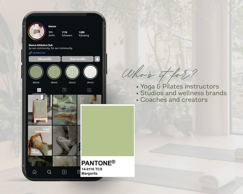 May include: A smartphone displays an Instagram profile for "Bianco Athletico Club" with a green and white color scheme. A Pantone color swatch labeled "Margarita" is also visible. Text reads "Who's it for?" followed by a list of target audiences.