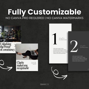 Puede incluir: Un dise&ntilde;o gr&aacute;fico con el texto "Fully Customizable" y "No Canva Pro Required | No Canva Watermarks." El dise&ntilde;o incluye im&aacute;genes y bloques de texto con las palabras "Unlocking the Power of consistency" y "Clarity makes you recognisable."
