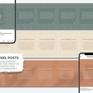 May include: Digital marketing carousel post templates with a neutral color palette. The design includes text and graphics for social media content. The image includes the text "what's new" and "Carousel Posts".