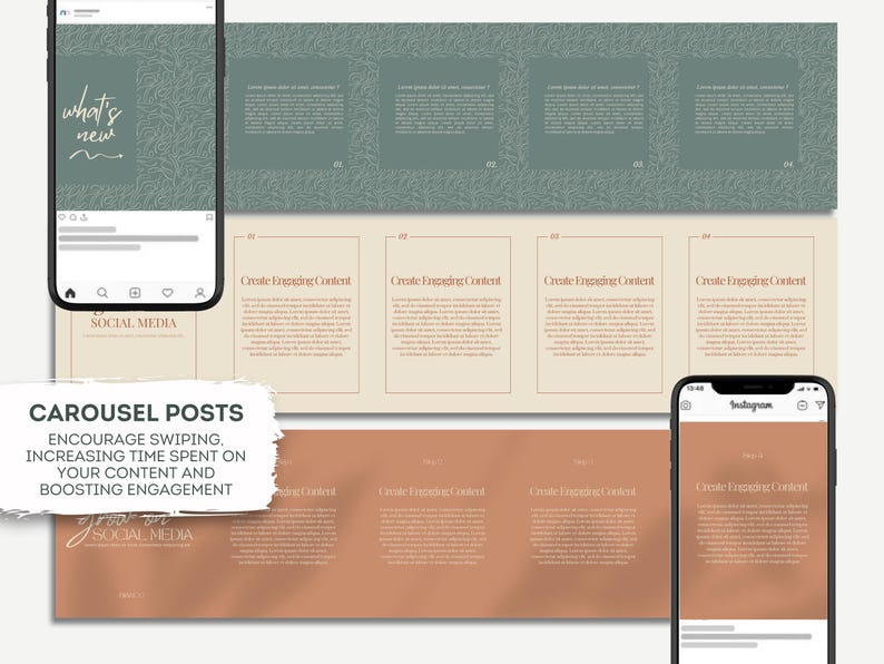 May include: Digital marketing carousel post templates with a neutral color palette. The design includes text and graphics for social media content. The image includes the text "what's new" and "Carousel Posts".