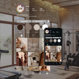 Könnte beinhalten: Ein Smartphone zeigt das Social-Media-Profil "Blanco Athletico Club" mit einem Raster von Bildern. Das Profil enthält den Text "by our community, for our community." Der Hintergrund zeigt ein Fitnessstudio mit Trainingsgeräten.